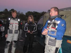 Rusty, Rayne and Geoff: pre-trip briefing from the ride captain
